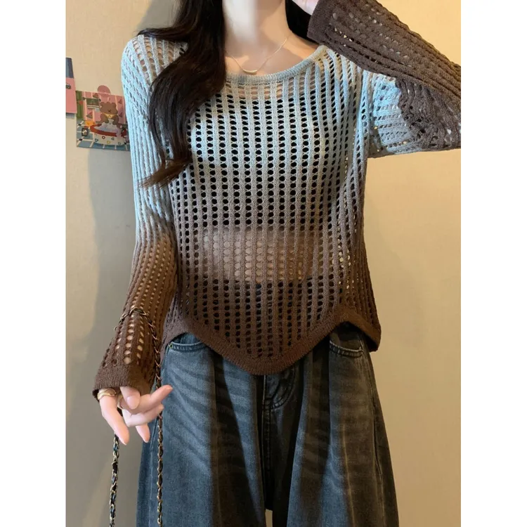 渐变夏秋新款独特别致欧货洋气镂空罩衫显瘦遮肚针织衫上衣女