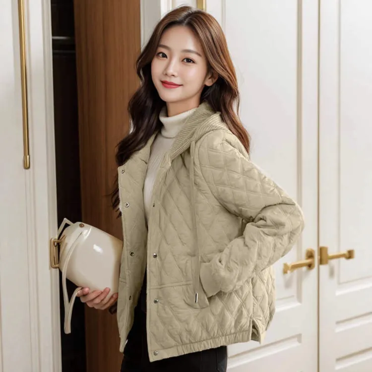 棉衣棉服女短款小个子时尚洋气菱格连帽轻薄棉袄外套2025秋冬新款