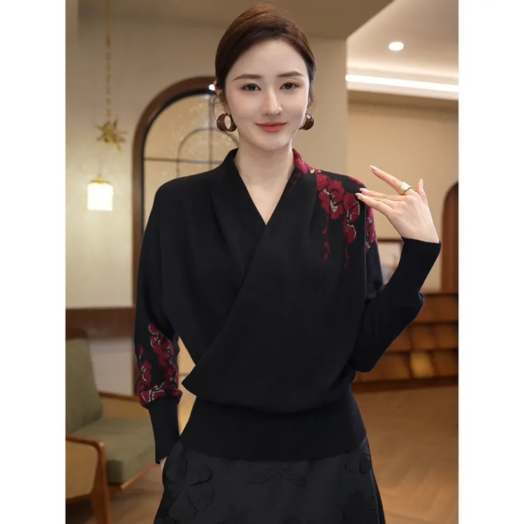 现货2026秋冬新款【ZM-988JR】含绵羊毛时尚红黑色V领外穿针织毛