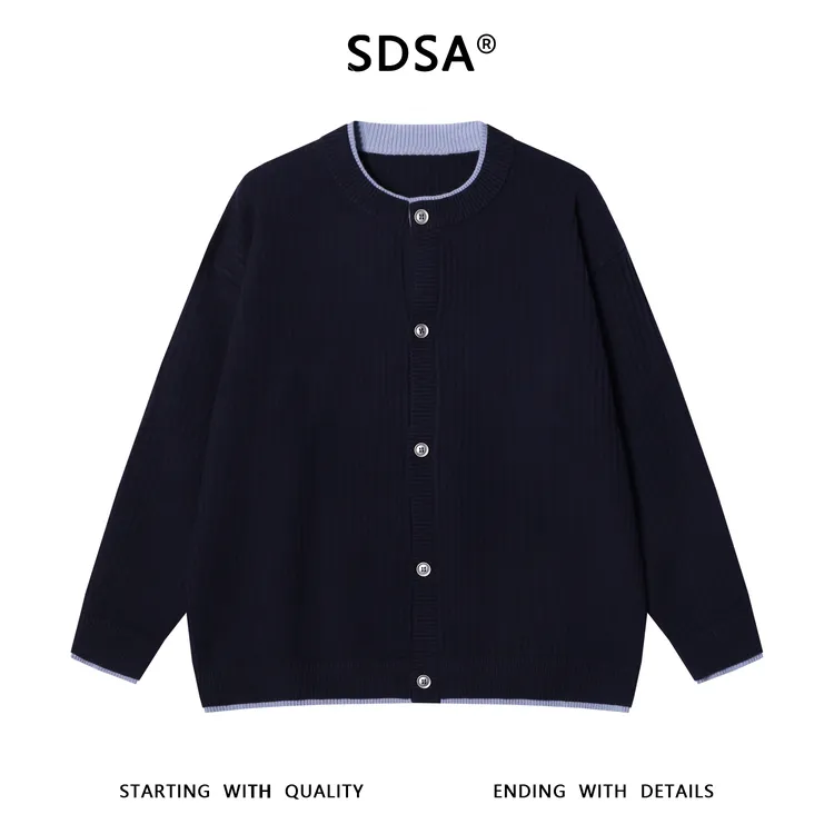 SDSA秋冬新款痞帅男装慵懒风竖纹纽扣圆领假两件开衫针织毛衣百搭