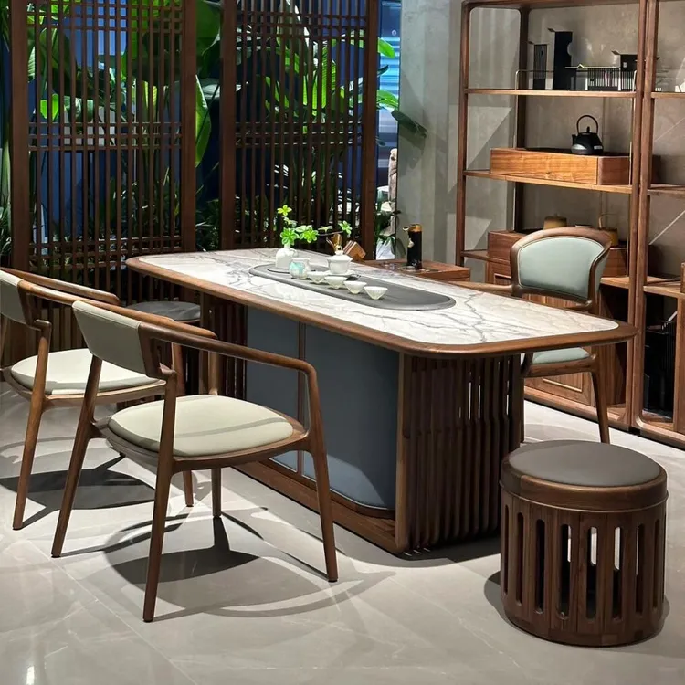 新中式2025新款轻奢现代高级感岩板茶桌北美黑胡桃木家用茶台定制