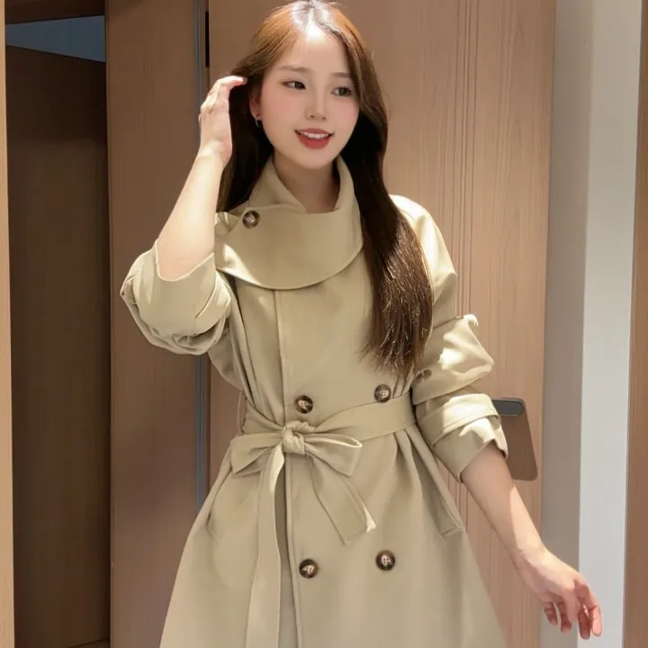 2025秋网红新款英伦风双排扣韩版通勤风衣卡其色收腰外套女