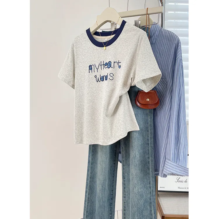 洋气圆领亮片字母刺绣短袖夏季正肩百搭显瘦上衣宽松休闲女装T恤