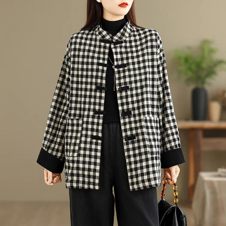 新中式复古格子唐装外套女2025秋冬新款宽松显瘦文艺气质休闲百搭