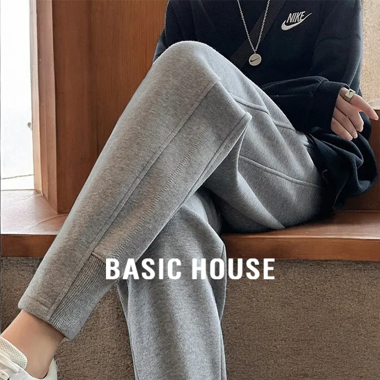 Basic House/百家好灰色九分哈伦裤子女秋冬加绒加厚运动束脚卫裤