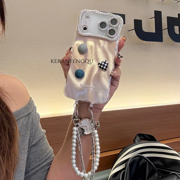 适用苹果17promax/16潮品新款高级水波纹全包满钻精孔镜框手机壳