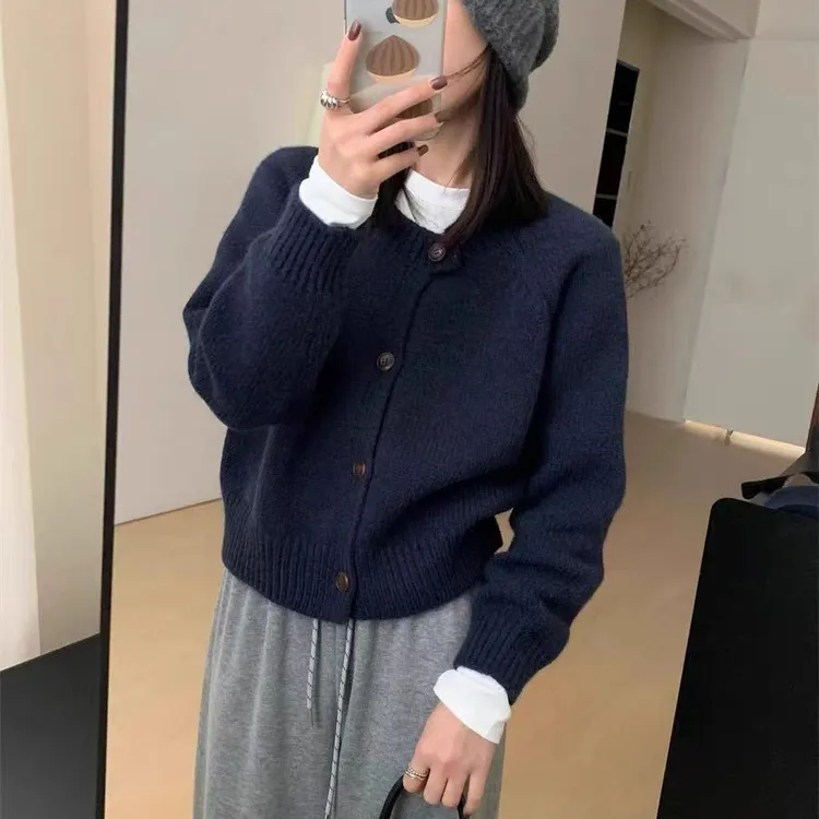 秋冬加厚圆领羊毛开衫气质插肩网红毛衣外套宽松复古韩版百搭开衫