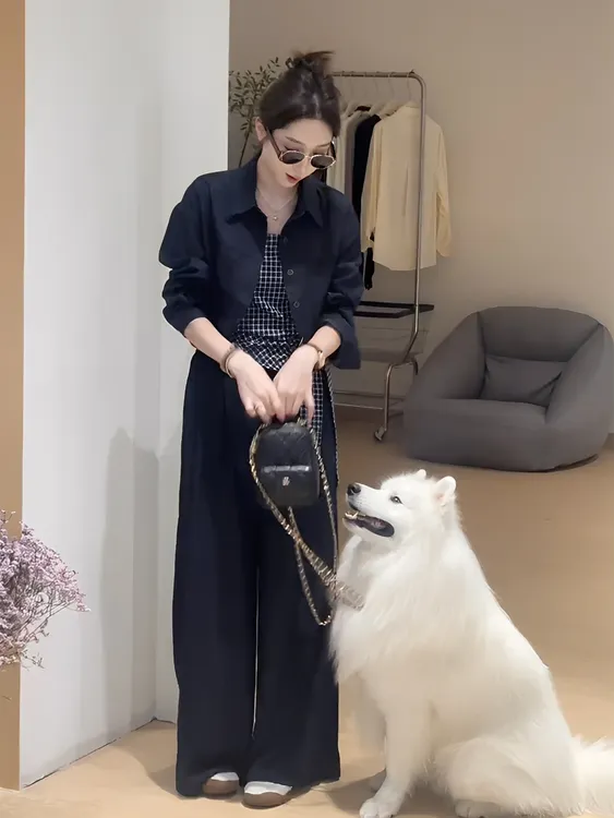 巨好看的早秋一整套小个子衬衫外套阔腿裤子港味复古超火三件套装