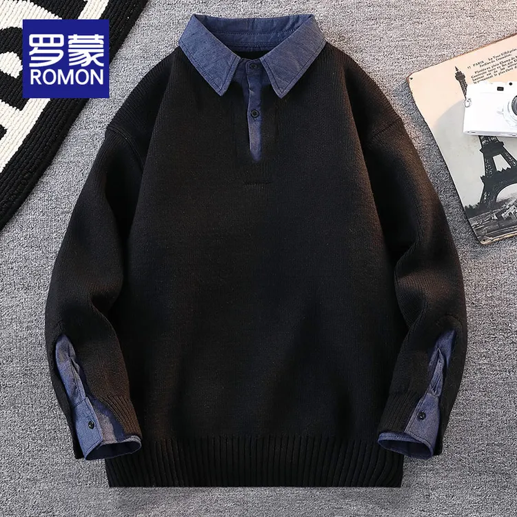 罗蒙秋冬黑色衬衫领假两件毛衣男宽松男士潮牌冬季保暖针织衫男款