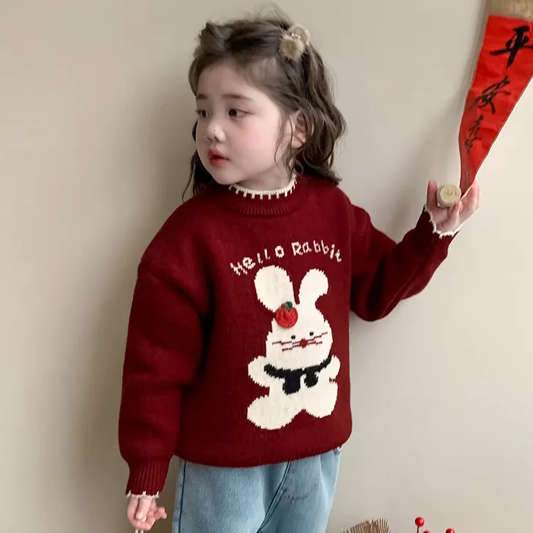 女童针织毛衣2025新款冬装儿童加厚套头洋气爆款宝宝冬季圆领毛衣