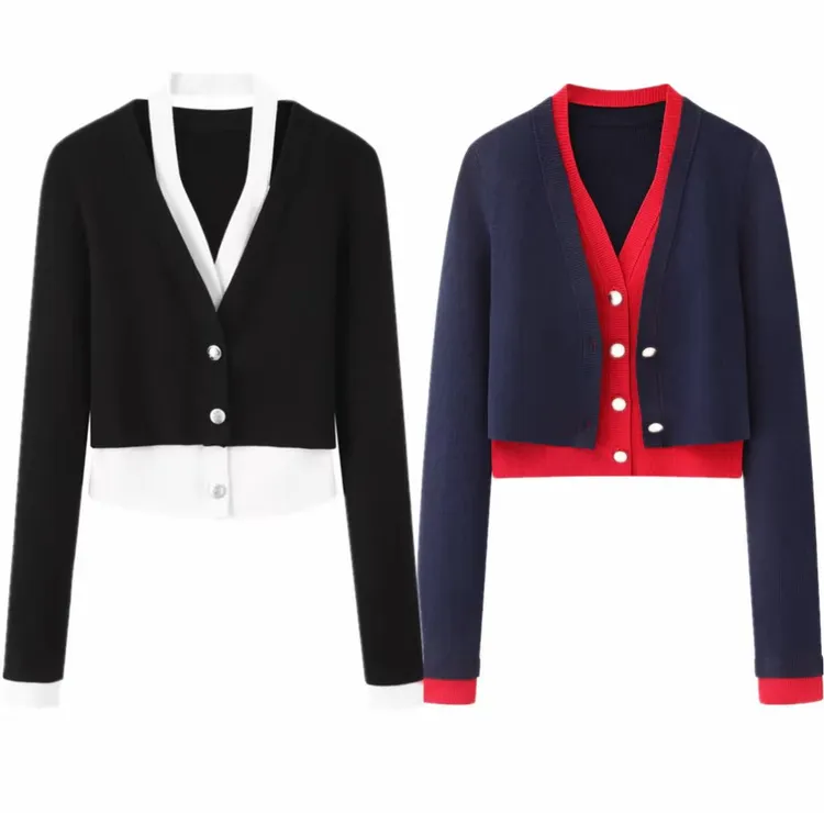 针织拼接保暖V领毛针织衫上衣长袖挂脖撞色外搭宽松1144/8132