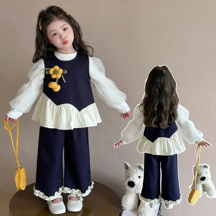 女童牛仔套装洋气韩版儿童马甲阔腿裤三件套小女孩宝宝春秋装新款