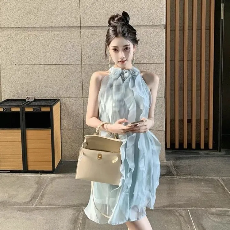 法式小香风立体花朵荷叶边无袖挂脖雪纺连衣裙女超仙气质显瘦裙子