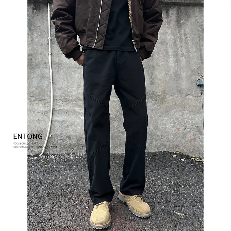 Entong美式高街vibe黑色立裁男士牛仔裤街头痞帅宽松直筒显瘦长裤商品图