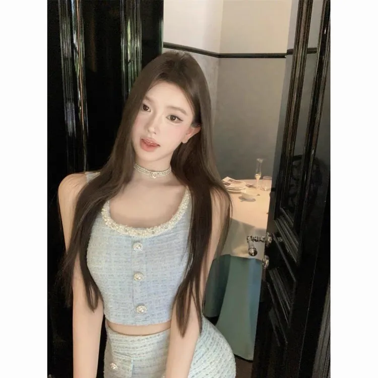 法式小香风套装女夏季钉珠短款吊带背心高腰a字包臀半身裙两件套