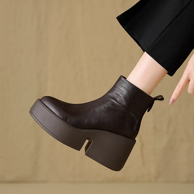 8.5cm复古羊皮短靴秋冬尖头高跟厚底靴子小个子增高百搭真皮女靴