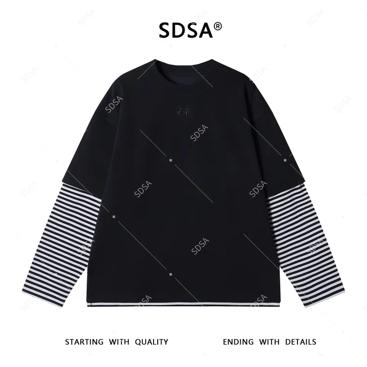 SDSA男士2025新款轻奢痞帅男装眼睛压线假两件条纹圆领长袖T恤潮