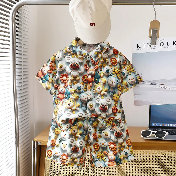 家居服套装男女童睡衣两件套夏季舒适印话卡通空调服