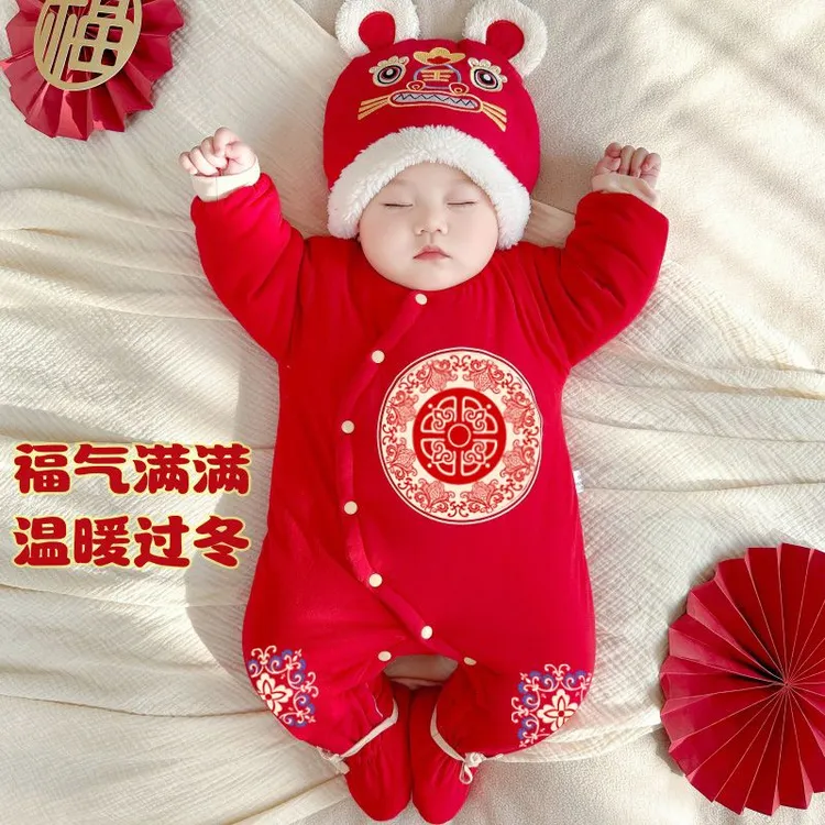 男女宝宝新生满月婴儿服唐装秋季男童中国风百天礼服连体衣大红色