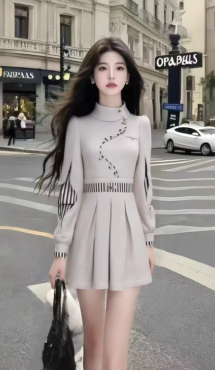 秋季新款套头纯色长袖女裙长袖圆领收腰小香风连衣裙圆领修身显瘦