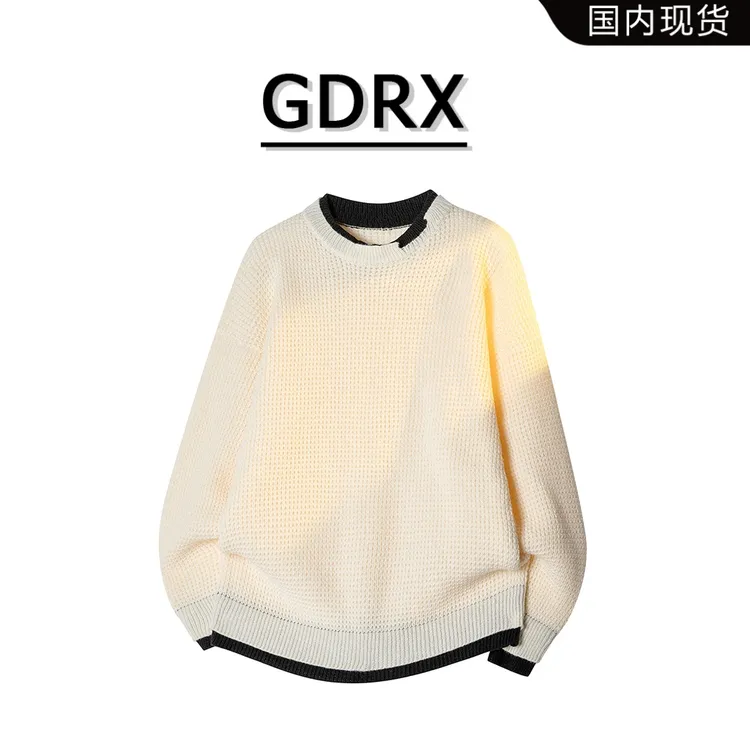 GDRX圆领撞色假两件毛衣男士秋冬季慵懒风针织上衣纹理感男生衣服