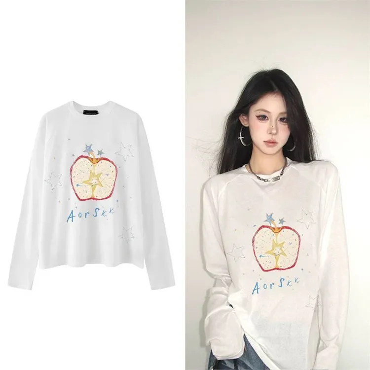 【ZHAP】新款早秋款长袖t恤上衣女白色chic外穿爆款多巴胺秋冬款潮