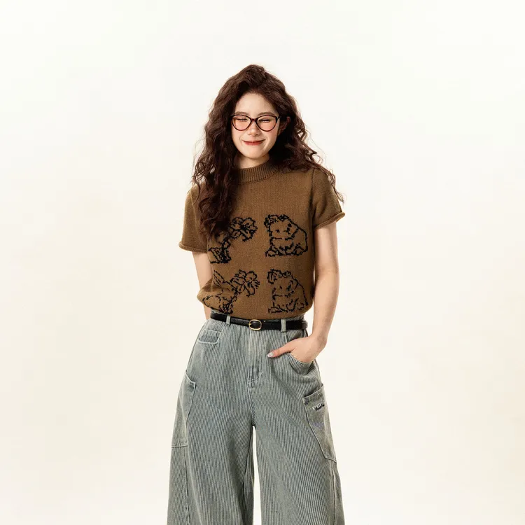 问了又问复古可爱兔子提花短袖针织衫女夏季百搭简约休闲短款上衣