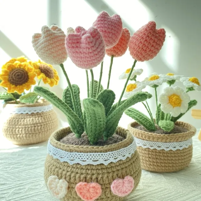 DIY手工编织郁金香雏菊盆栽花束老树饰品永恒花羊毛钩针材料包