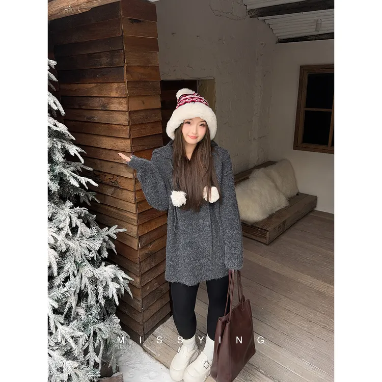 应小姐【浪漫魔法】微胖大码韩版显瘦长袖休闲风宽松连帽打底针织衫