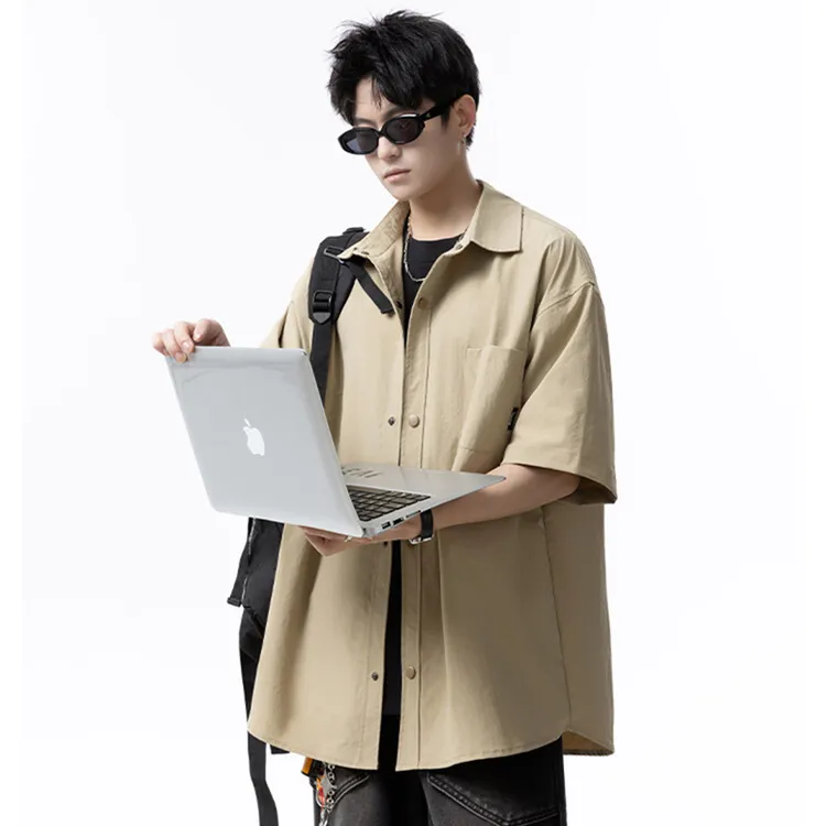 美式纯色工装速干短袖衬衫男2025夏季薄款宽松高级感防晒衬衣外套