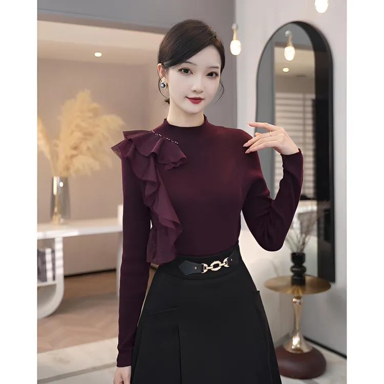 唐熹2025新款【8386】含绵羊毛针织衫酒红色不规则设计优雅百搭毛衣