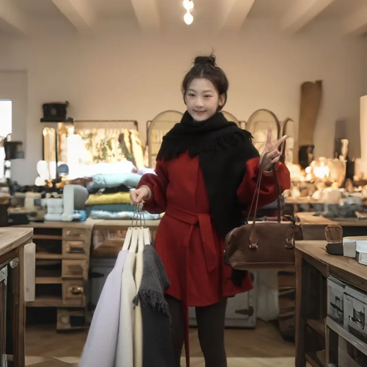 【闵笑一】松黎甜茶复古红色毛呢外套女中长款系带轻奢大衣配围巾