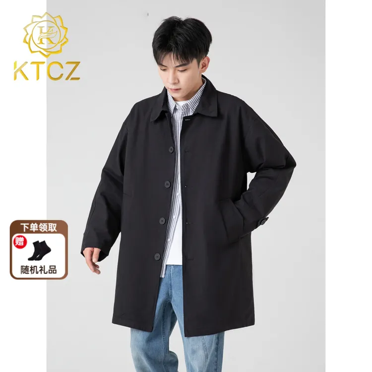 KTCZ春秋季美式休闲黑色风衣男中长款日系复古宽松大衣纯棉薄外套