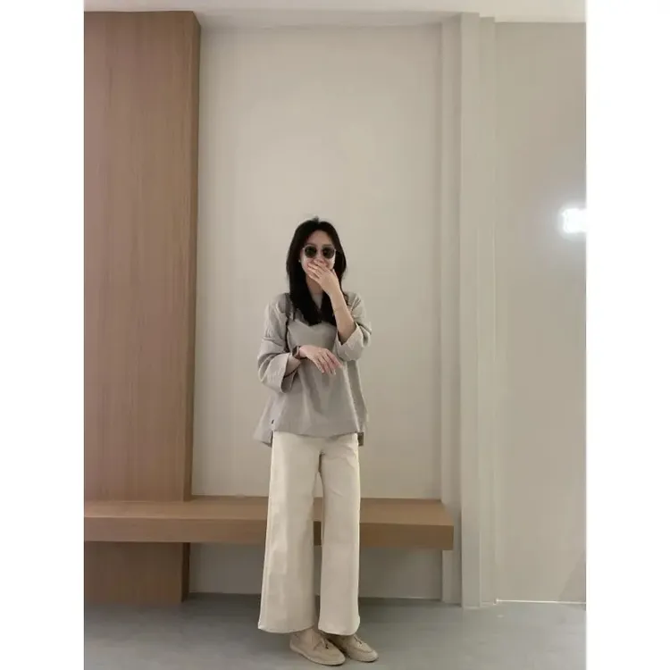 2025春夏新款韩系简约休闲松弛感上衣显瘦高腰百搭休闲裤两件套装