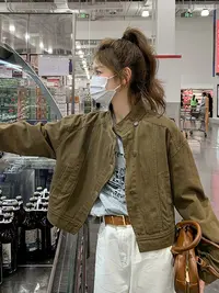 复古咖色牛仔外套2025春秋新款设计感小众宽松立领工装夹克上衣女