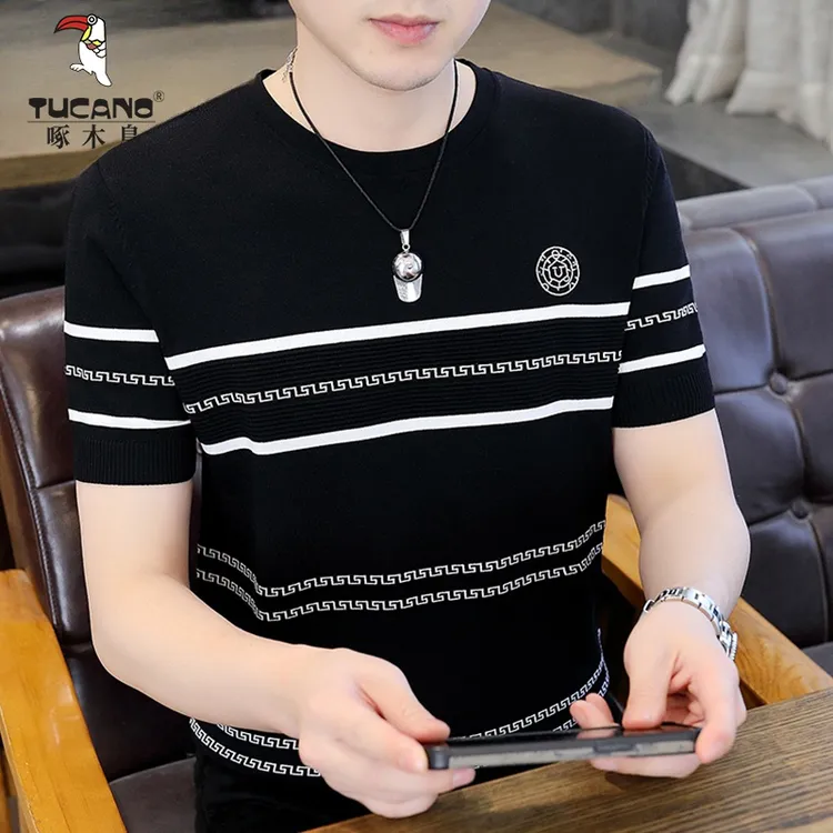 啄木鸟夏季冰丝凉感T恤短袖男士2024新款潮流条纹上衣针织体恤衫