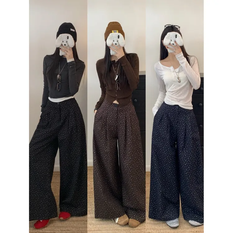 纯欲设计感褶皱高腰阔腿裤女秋季新款碎花韩版百搭减龄长裤休闲裤
