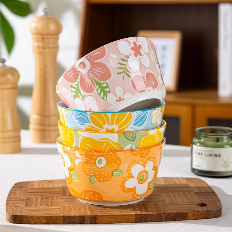 四个装 花漾米饭碗四色混装家用陶瓷餐具网红餐具饭碗 高温釉下彩