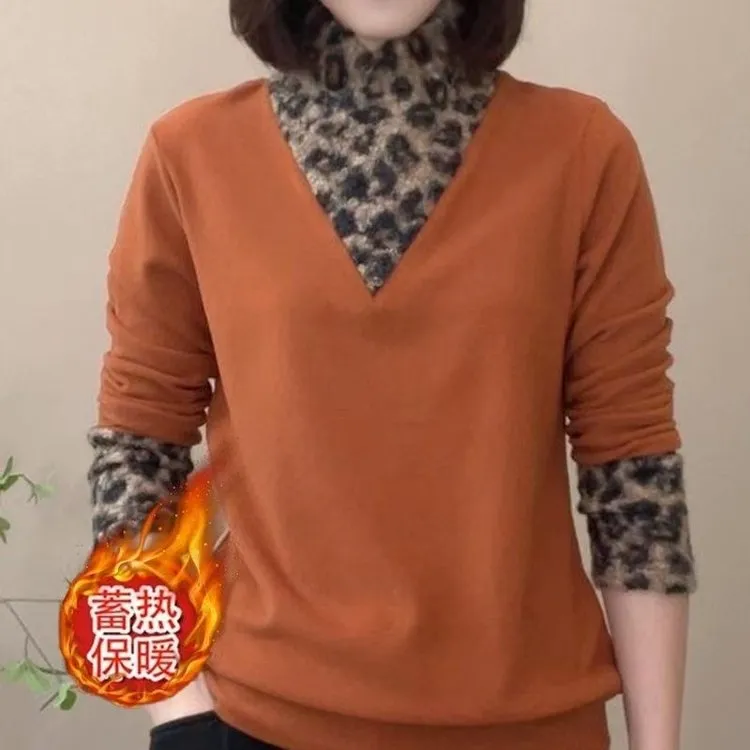 冬季新款豹纹拼接保暖休闲卫衣打底衫女士百搭显瘦打底上衣