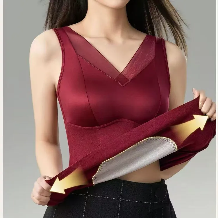 3512光感缎面德绒拼接蕾丝无痕一体杯背心保暖通勤美背打底