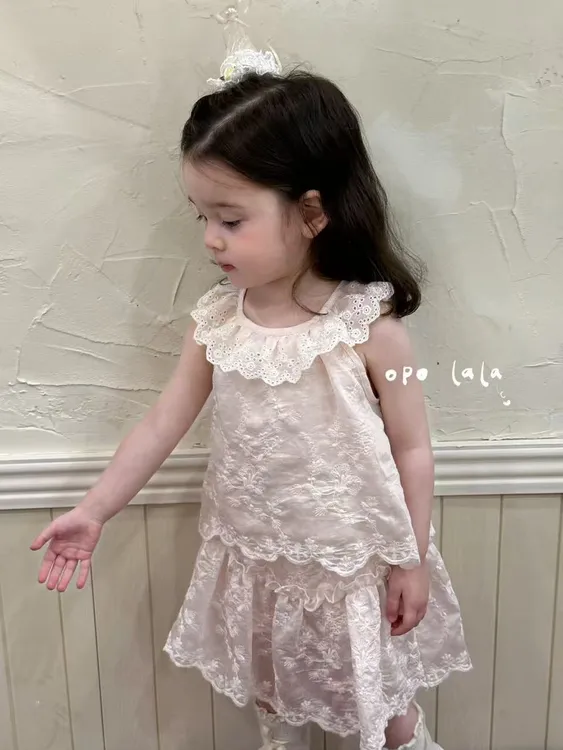 opolala 公主韩版女宝夏款夏季2件印花蕾丝薄款套装粉色