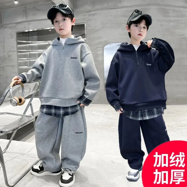男童连帽卫衣加绒加厚拼色一体绒帽衫韩版宽松帅气中大儿童装上衣
