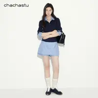 CHACHASTU极简气质蓝色调 假两件条纹拼接上衣/裙裤ZRS1921