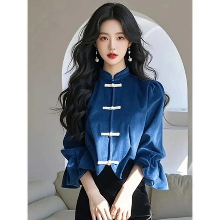2025春季新款女装新中式国风蓝色灯芯绒装女得体大方潮流时尚
