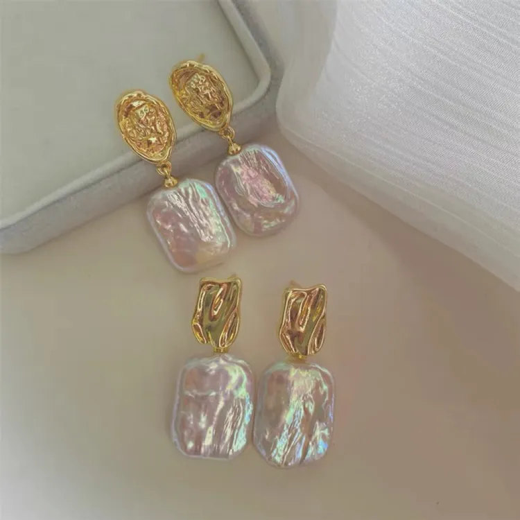 S925银镀异形方行巴洛克珍珠耳环冷淡风个性夸张气质复古耳饰