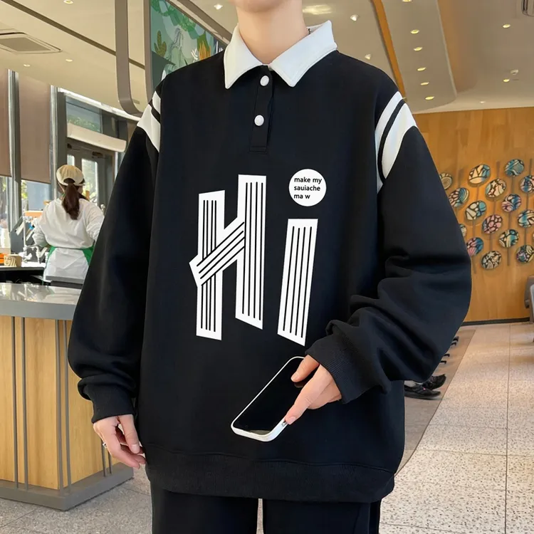 港风翻领休闲卫衣男春秋新款潮牌ins宽松加大码Polo衫长袖t恤上衣