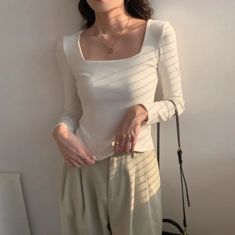白色方领打底衫长袖t恤女内搭2025秋季新款低领修身显瘦百搭上衣