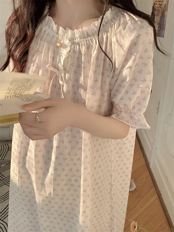韩国ins甜美碎花纯棉睡裙女夏季短袖一字领花边田园风睡衣家居服