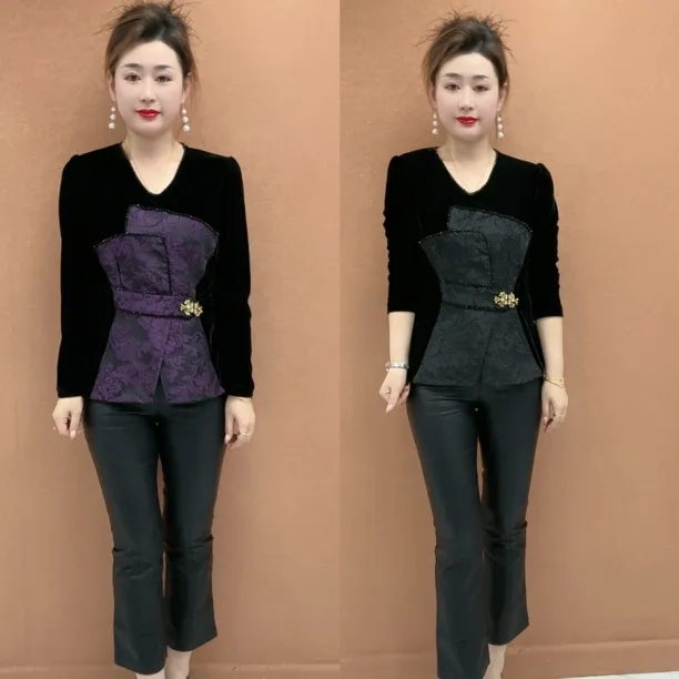 DFV领提花拼接丝绒衫女修身长袖法式辣妹风百搭秋冬打底上衣