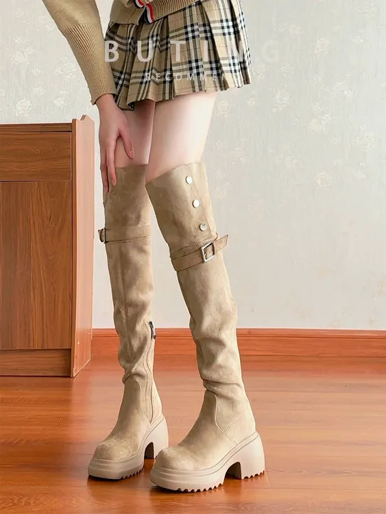 8CM厚底过膝长靴女2025秋冬美拉德两穿翻折长筒靴小个子高筒靴子